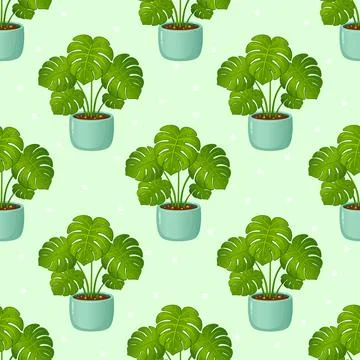 Seamless pattern with potted monstera characters Stock Illustration