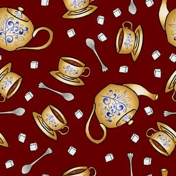 Seamless pattern pottery teapot and cup hand drawing Stock Illustration