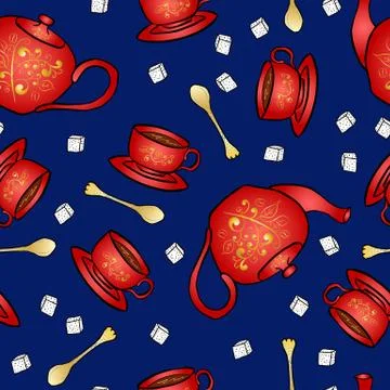 Seamless pattern pottery teapot and cup hand drawing Stock Illustration