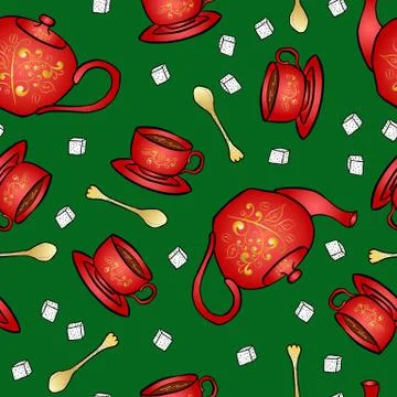 Seamless pattern pottery teapot and cup hand drawing Stock Illustration