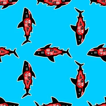 Seamless pattern of predator sharks with bones inside. Symbol of danger, oc.. Stock Illustration