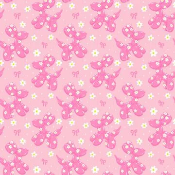 Seamless Pattern Preppy Pink Balloon Dog Diasy in Vibrant Pastel isolated o.. Illustrazione stock