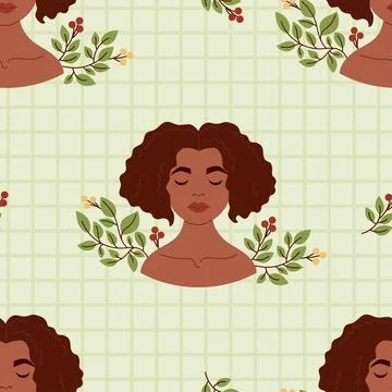 Seamless pattern with pretty African American girl with leaves on green che.. Illustrazione stock