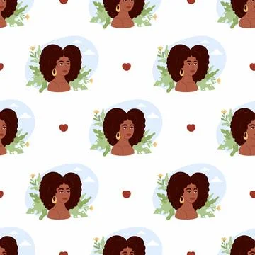 Seamless pattern with pretty African American woman with leaves on white Illustrazione stock