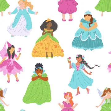 Seamless pattern with pretty multi ethnic princesses, fairy tale girls in Illustrazione stock