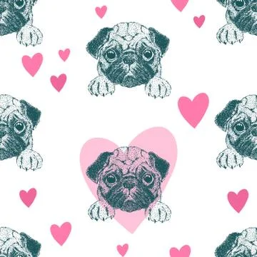 Seamless pattern with pretty pug puppy. Stock Illustration