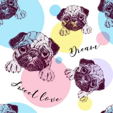 Seamless pattern with pretty pug puppy. Stock Illustration