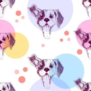 Seamless pattern with pretty puppy and colorful circles. Textile, package design Illustrazione stock