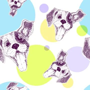 Seamless pattern with pretty puppy and colorful circles. Textile, package design Stock Illustration
