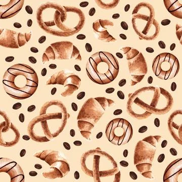 Seamless pattern, pretzel on a light background. Baking is hand-drawn in a wa Stock Illustration