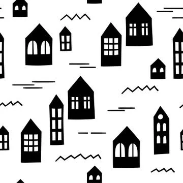 Seamless pattern with primitive houses. Vector template. Stock Illustration