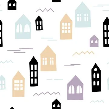 Seamless pattern with primitive houses. Vector template. Stock Illustration