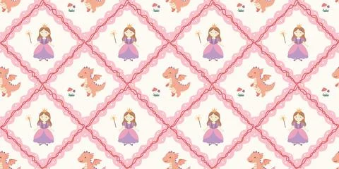 Seamless pattern with princess and dragon in pink red and beige tones fairy tale Stock Illustration