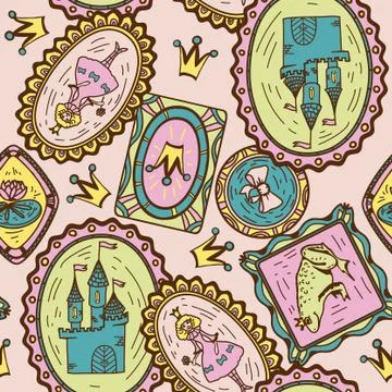 Seamless pattern with princess, frog and castle Stock Illustration