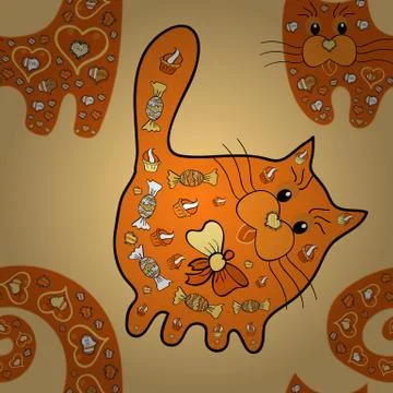 Seamless pattern Print. Cat image doodles black, orange and beige on colors. Vec Stock Illustration