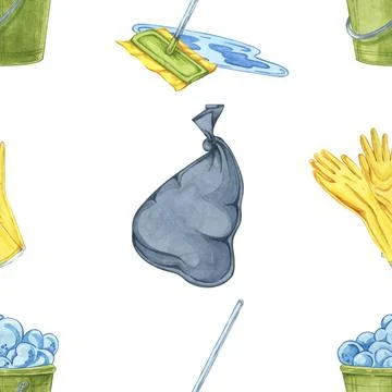 Seamless pattern print filled with mops, garbage bags, and gloves. Watercolor Stock Illustration
