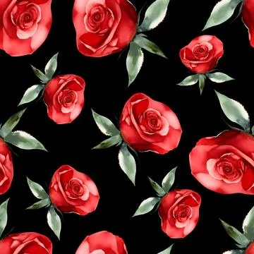 Seamless pattern print red watercolor roses on black background, vector Stock Illustration