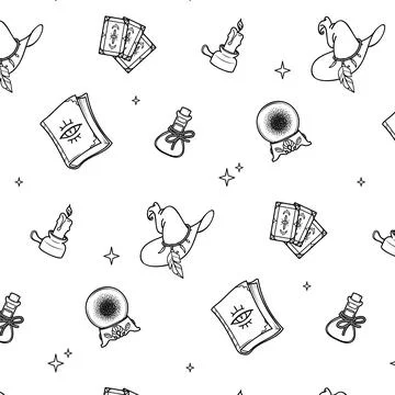 Seamless pattern for printing on fabric, magic items of a witch or sorcerer Stock Illustration