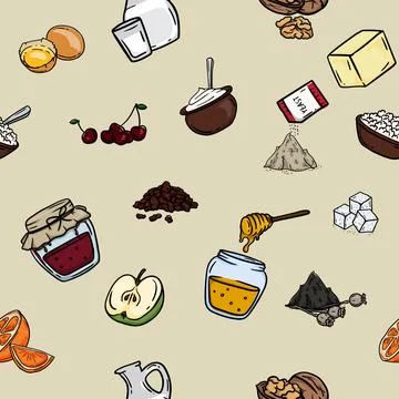 Seamless pattern with products and ingredients 스톡 일러스트