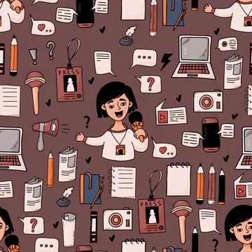 Seamless pattern profession journalism. Cute girl journalist reporter with .. Ilustração Stock