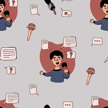 Seamless pattern profession journalism. Male journalist reporter with micro.. Stock Illustration