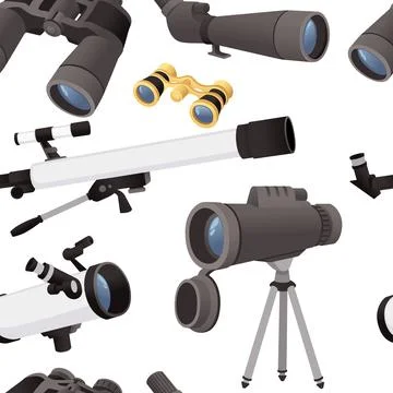 Seamless pattern of professional optical devices telescopes binoculars and Stock Illustration