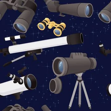 Seamless pattern of professional optical devices telescopes binoculars and Stock Illustration