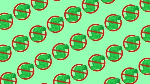 Seamless pattern with prohibited money icons and red cancel signs for cashless Stock Footage 329634431