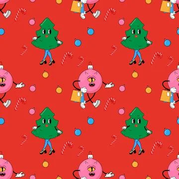 Seamless pattern, psychedelic Christmas, new year. Christmas tree and ball. Stock Illustration