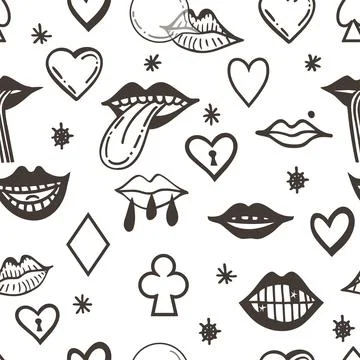 Seamless pattern with psychedelic mouth elements. Retro Stock Illustration