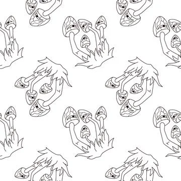 Seamless pattern with psychedelic mushroom character on a white background in 스톡 일러스트