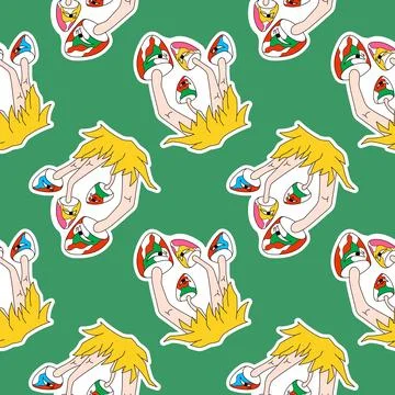 Seamless pattern with psychedelic mushroom on a green background in surreal and Illustrazione stock