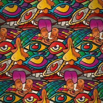Seamless pattern of psychedelic parties in vintage style Stock Illustration