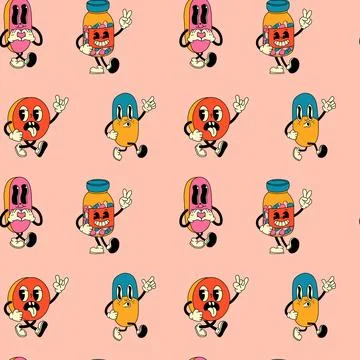 Seamless pattern with Psychedelic Retro Pill Cartoon Characters Illustrazione stock