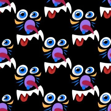 Seamless Pattern with Psyhodelical Bully Monster Face Stock Illustration