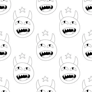 Seamless Pattern with Psyhodelical Dreaming Monsters and Stars Stock Illustration