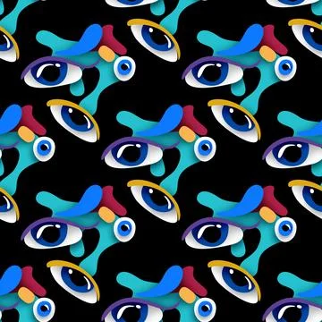 Seamless Pattern with Psyhodelical Print with Monster Eyes Stock Illustration