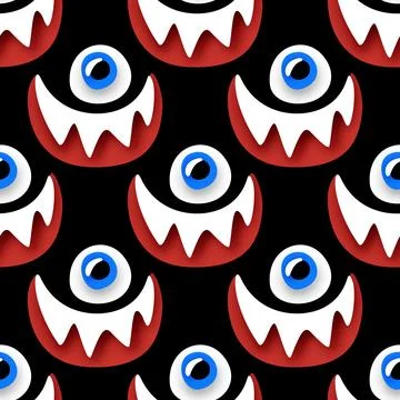 Seamless Pattern with Psyhodelical Print with One-eye Monster with Scary Smil Stock Illustration