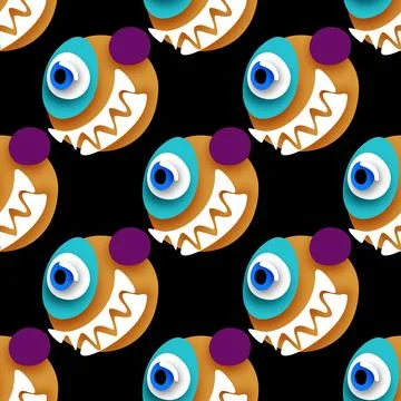Seamless Pattern with Psyhodelical Print with One-eye Monster with Scary Smil Stock Illustration