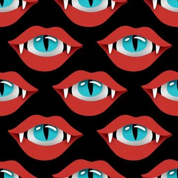 Seamless Pattern with Psyhodelical Print with Vampire Vibes, Eye in the Mouth Stock Illustration