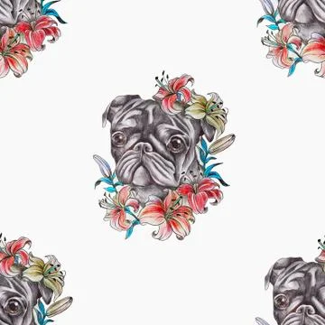 Seamless pattern pug in beautiful flowers on a white background. Stock Illustration