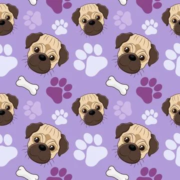 Seamless pattern with pug, bones and paws. Ilustración de archivo