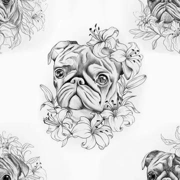 Seamless pattern pug in flowers on a white background. Stock Illustration