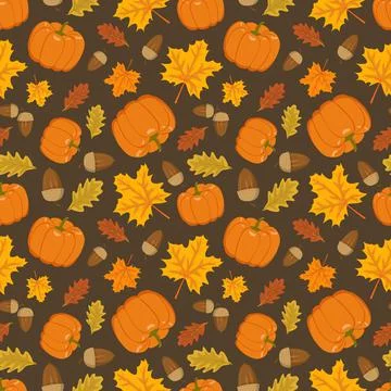 Seamless pattern with pumpkin, acorns and orange maple and oak leaves 스톡 일러스트