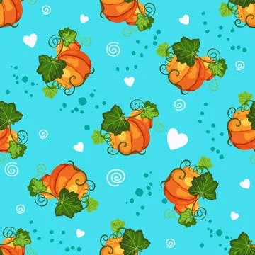 Seamless pattern with pumpkin and decorative hearts Stock Illustration