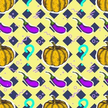 Seamless pattern with pumpkin and eggplant with geometric forms in the style Stock Illustration