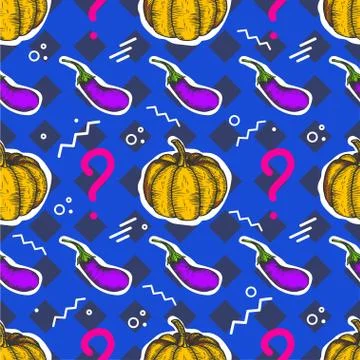 Seamless pattern with pumpkin and eggplant with geometric forms in the style of Stock Illustration