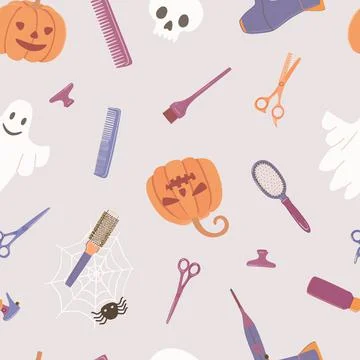 Seamless pattern with pumpkin and hair salon tools Stock Illustration