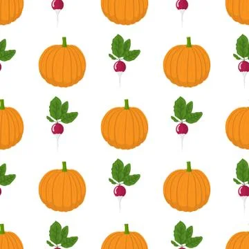 Seamless pattern with pumpkin and radish vegetables. Organic food. Vector. Stock Illustration