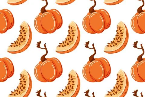 Seamless pattern with pumpkin and slice in cartoon style. Cute fall background Illustrazione stock